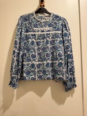 Women's Blue Floral Lace-Trim Peasant Blouse, size M